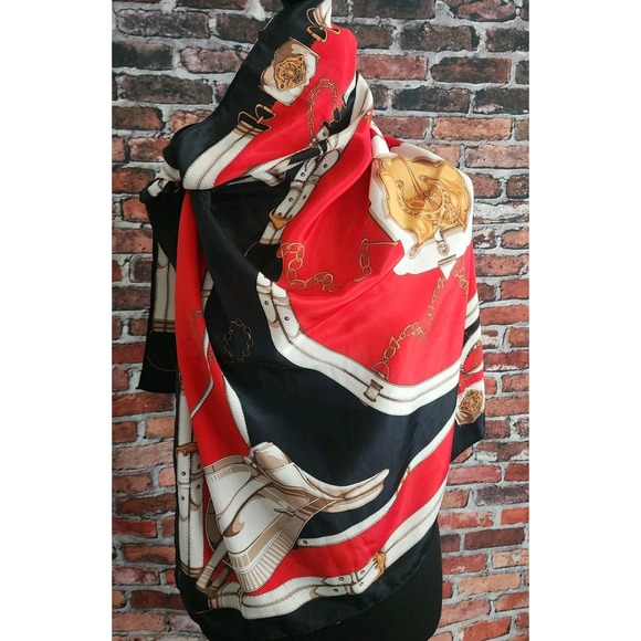2 Equestrian‎ Scarf Silk Feel Womens Horse Riding Bit Bridle Old Money Royal Red - Picture 10 of 15